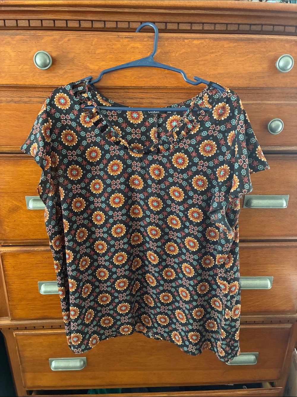 LuLaRoe Black Short Sleeve Blouse with Orange Floral Medallions